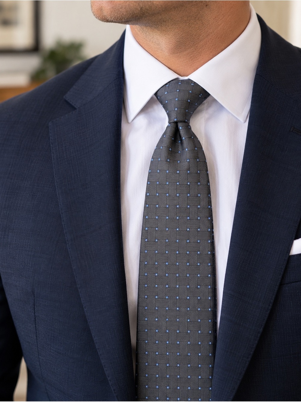 Brooks Brothers 346 Gray Blue Geometric Pure Silk Tie Made in USA 3”
